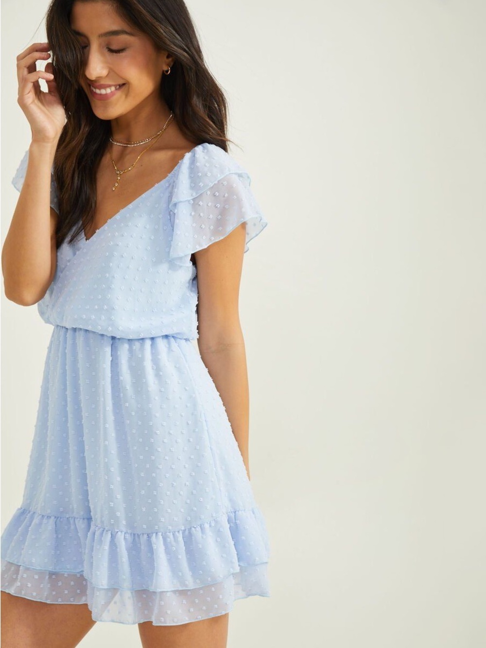 Altar'd State Light Blue Swiss Dot Flutter Sleeve Mini Dress L